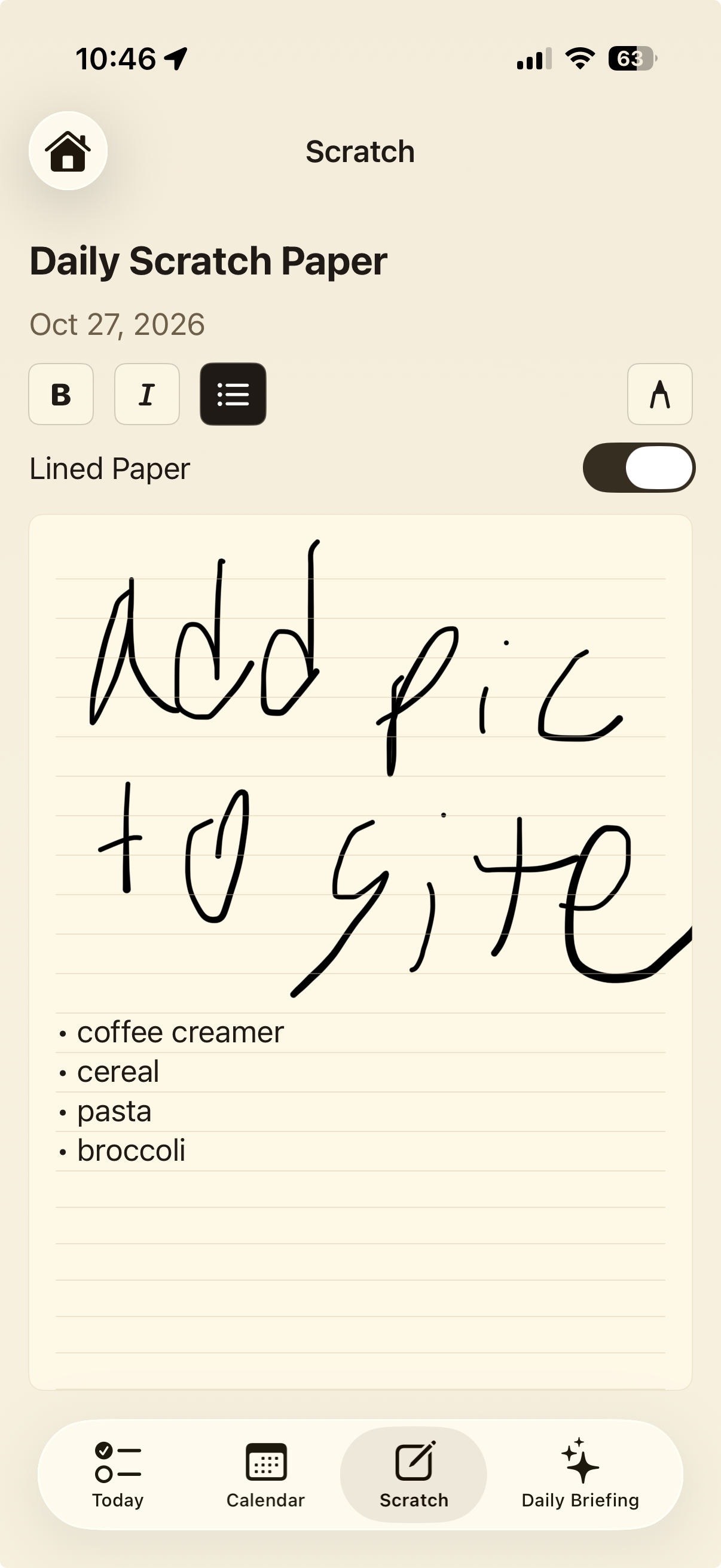 Daily Grind Scratch Paper screen for writing quick notes