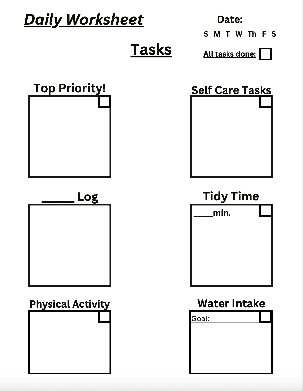 Original Daily Grind physical workbook worksheet, with spaces for tasks, self-care, tidy time, activity, and water